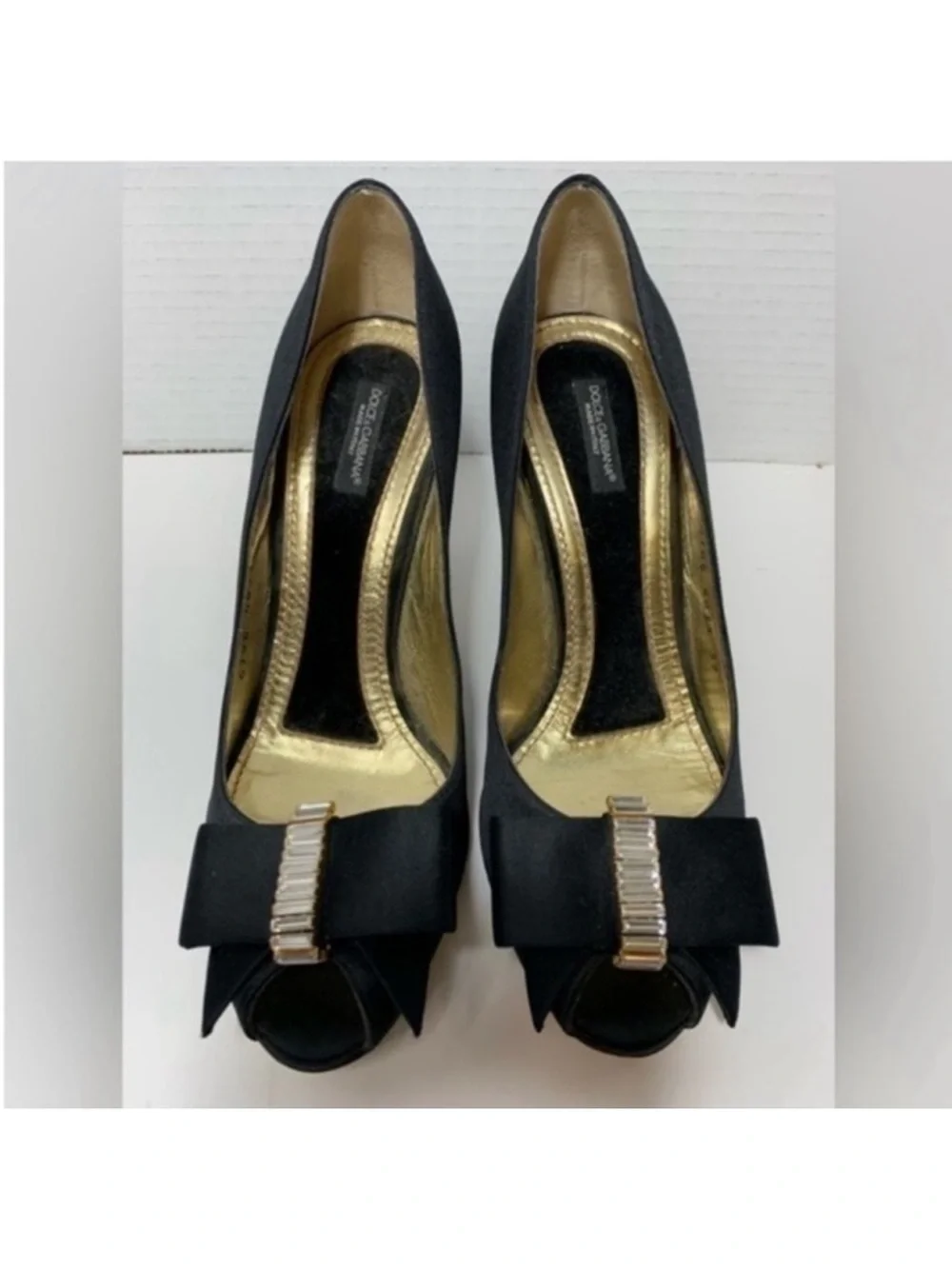 Dolce & Gabbana Black Satin Peep-Toe Pumps with Gold Lining and Crystal Bow